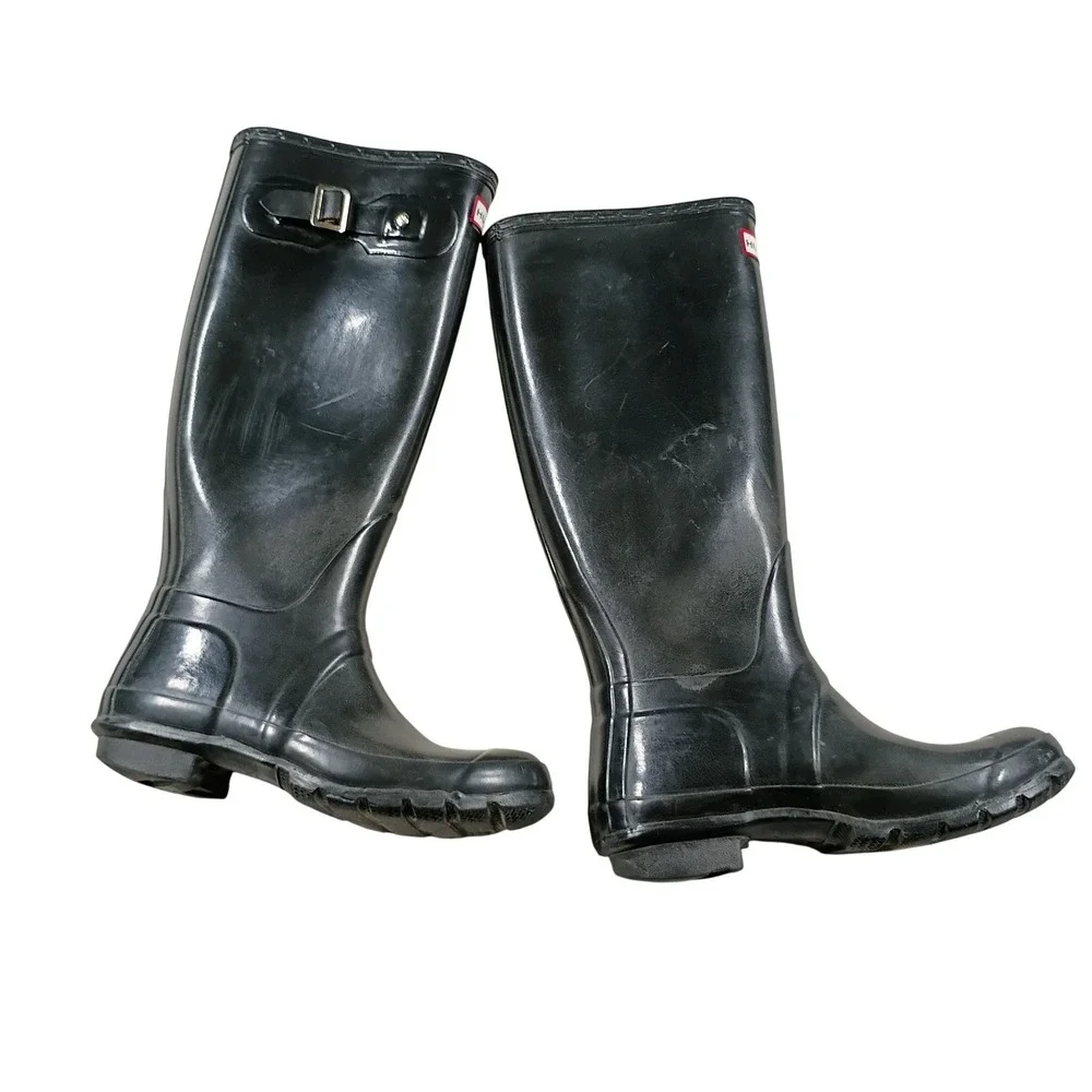 Hunter Original Tall Rain Boots Women Size 8 Black Glossy Waterproof Buckle